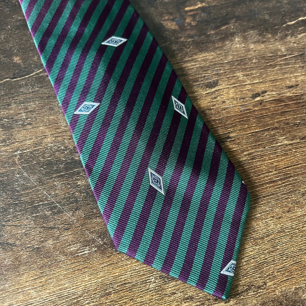 Chanel Paris Mens Silk Tie Purple Green Striped Diamond Made in Italy